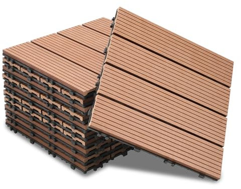 Ansobea WPC - Lot de 11 dalles de terrasse en bois - 30 x 30 cm - Pour 1 m² - Aspect bois - Revêtement de sol de balcon avec système à clic - Imperméables - Pour balcon et terrasse (marron)
