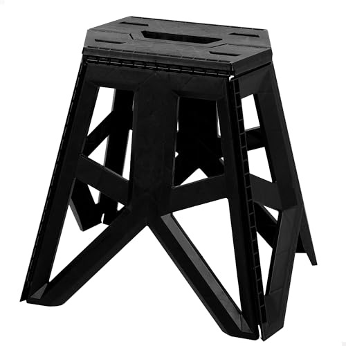 AKTIVE Taburete plegable camping, resistente al peso, Multiuso, Color negro, Peso máximo soportado de 150 kg, 41x33x39 cm, Incorpora asa de mano, Plegado compacto, Fabricado en material PP (63069)