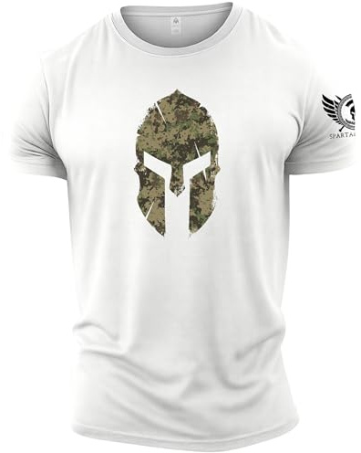 GYMTIER Spartan Forged - Spartan Helmet Woodland Camo - Men's Gym T-Shirt Bodybuilding Training Workout Lifting Top Clothing, White, M
