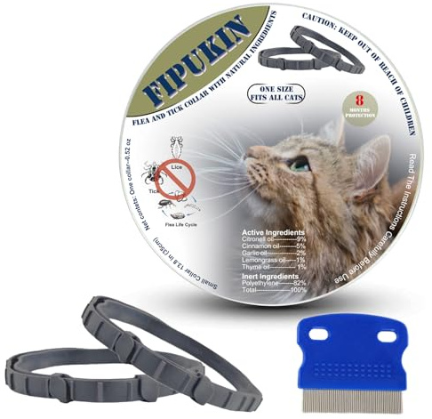 Fipukin Natural Ingredients Flea Repellent Collar for Cats, Safe and Effective Flea and Tick Repellent, Waterproof, 8 Months Protection per Collar, Free Comb, One Size Fits All, 13.8 Inches, 2-Pack