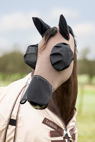 LeMieux Masque anti-mouches anti-insectes – Design à enfiler – Tissu extensible dans les quatre sens – Fléchettes œil d'insecte – Oreilles en maille – Noyer – Taille S