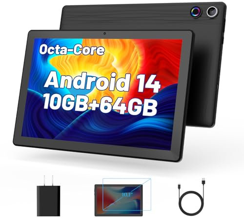 Yicty Tablet 10 Zoll Android 14 Tablets mit 1280x800 IPS HD Touchscreen Octa-Core Prozessor 10 GB RAM und 64 GB ROM (Expand to 1 TB) 5G/2.4G WiFi BT 5.0 Dual Camera (Schwarz)