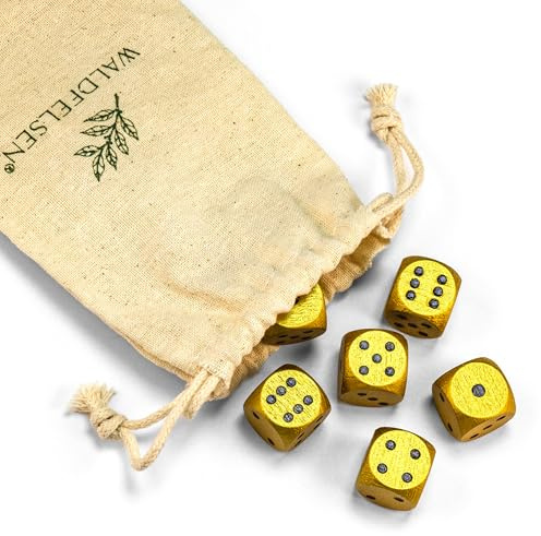 Waldfelsen 6, 12, 20, 30 oder 50 hochqualitative Holzwürfel aus echtem Buchenholz Augenwürfel Spielwürfel aus Holz in 16 mm Standardwürfel mit Stoffbeutel Würfelset (Gold, 6 Stück)