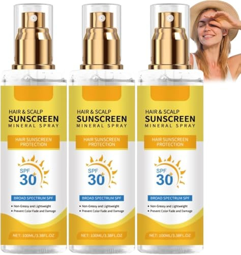 Hair and Scalp Sunscreen Spray SPF 30, Hair & Scalp Sun Protection Spray, Sun Protection, Prevents Color Fade & Dryness, Non-Greasy & Lightweight for Hiking/Beach/Running (3)