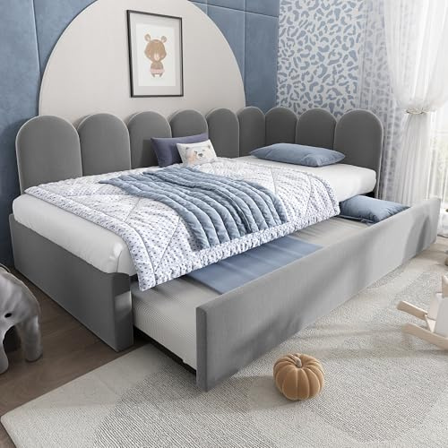Merax 3ft Single Day Bed, Upholstered Sofabed Pull out Trundle Bed Frames, with Metal Slatted Frame, for Adults and Children, Velvet Fabric(No Mattress), Grey/90CM*190CM