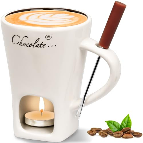 FEIGO Chokladfondue-kopp, 130 ml chokladfondue-mugg-set, keramisk choklad-varm-pot-smältkopp, med gaffel, mångsidig chokladfondue-set för choklad, ost smör karamell