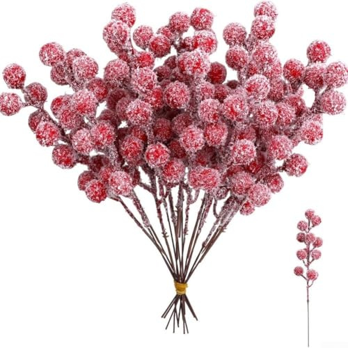 20Pcs Artificial Red Berry Stems, Christmas Berries Holly Berries Picks, With Flexible Wire And Frosted Snow Effect, For Xmas Tree Garland DIY