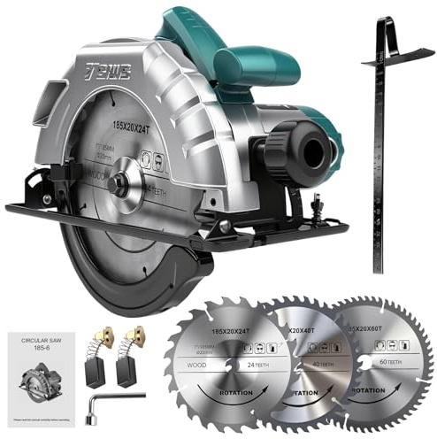 Sierra Circular Profesional 1200W con Hojas de Sierra de 24T+40T+60T(Ø185mm), Sierra Circular de Mano 5200 RPM, Profundidad Máxima de Corte 65mm, cortes a inglete de 0 a 45°