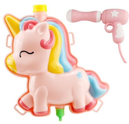 Ejoyous Pistola de Agua de Mochila, Lanzador de Agua de Gran Capacidad con Entrada de con Tapón de Goma y Correas Ajustables, para Niños, Fiestas en (Pistola de con Mochila de Unicornio Rosa)