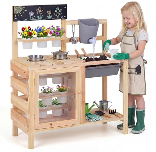 COSTWAY Cucina per Bambini in Legno, Cucina di Fango da Esterno con Serbatoio, Lavello, 12 Vasi di Fiori Rimovibili, Lavagna, Ripiano Inferiore e Accessori per Cucinare per Bambini 3+ Anni