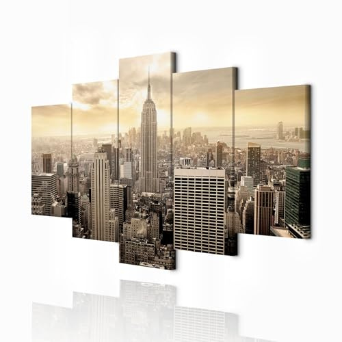 decomonkey Cuadro Lienzo Nueva York Sepia 200x100 cm 5 piezas Impresión Decoración Cuadro De Pared Material Tejido no Tejido Gráfica Foto Salon Horizonte Ciudad Arquitectura Panorama América