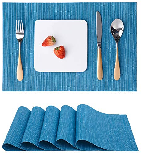 Myir JUN Tischsets Abwaschbar 6er Set, Gewebte Platzdeckchen Abwaschbar rutschfest Abgrifffeste Hitzebeständig, Vinyl Platzsets für küche Speisetisch Hotel, Platz-Matten 30x43.5cm (Blau)