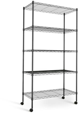 Simple Deluxe 5-Shelf Wire Shelving Unit,Metal Shelf Organizer with Wheels,Heavy Duty Standing Storage Shelf for Bathroom,or Other Commercial Use,DIY Free,MAX Load 565kg,76Dx36Wx146Hcm, Black