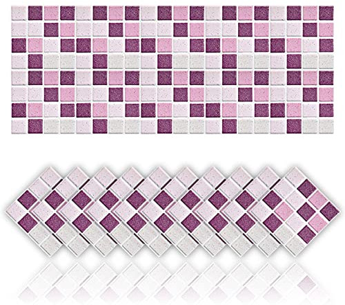 Cendray 20 Pz Adesivi per Piastrelle Antiolio Impermeabile PVC Autoadesivo Decorazione Stile Mosaico Adesivi per Bagno Cucina Parete Fai da Te (10x10cm,Viola)
