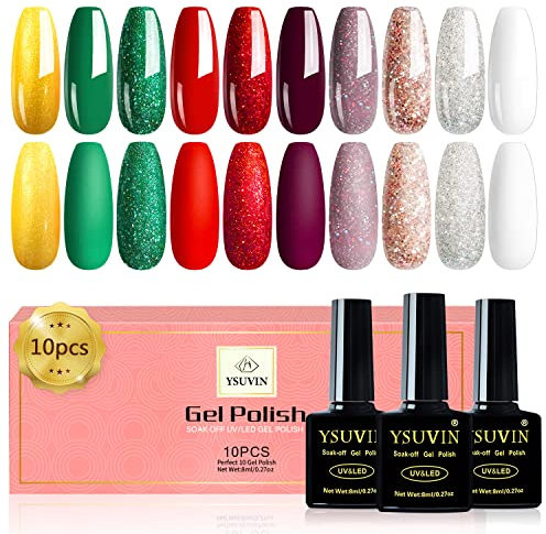 Yueshop Christmas Gel Nail Polish Set,10 Pcs Gel Nail Varnish Soak Off UV Nail Yellow Red Green Purple Silver,Gel Polish Starter Set Christmas,8ml