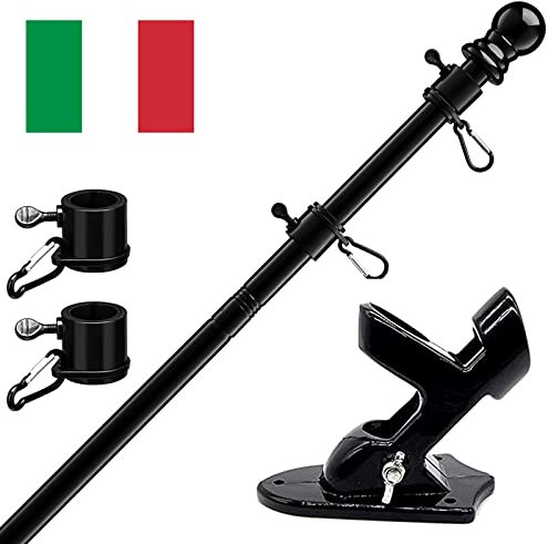 HORSE SECRET Kit de Mât de Drapeau en Aluminium Noir 180 cm, avec Support Mât de Drapeau en Acier Inoxydable à Fixe au Mur avec Anneaux Rotatifs/Comprend Drapeau Italien