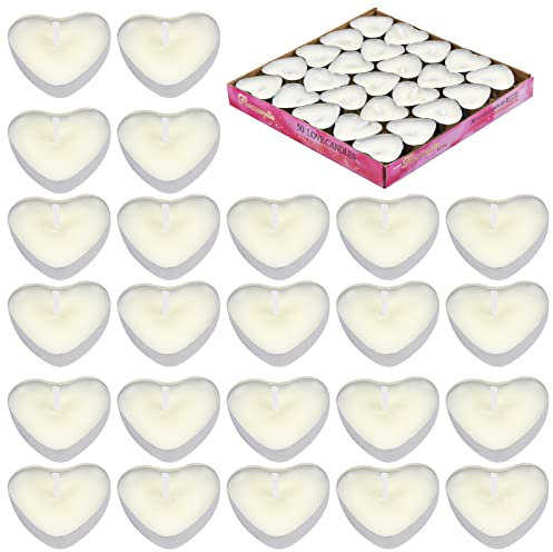 NATUCE 50Pcs Candele da tè a Forma di Cuore, Lumini senza profumo, Candele Tealight Bianco per Festa di compleanno di Natale,Ø 38 mm
