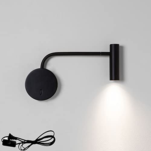 LOGT Vägglampa inuti med strömbrytare och stickpropp 3W LED vägglampa med 1,5m kabel justerbar väggläslampa sänglampa varmvit 3000K väggspot hall lampa för vardagsrum sovrum hotell lärande,Black