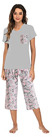 Famulily Womens 3/4 Pyjamas Cropped Cotton Trousers Summer Wide Leg Plus Size Casual Lounge Pants Light Grey XXL