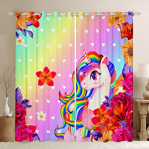 Loussiesd - Tende per finestra a tema unicorno, arcobaleno, per ragazze, tende colorate e floreali con animali magici, stile principessa, per la camera da letto dei bambini, decorazione da sogno con
