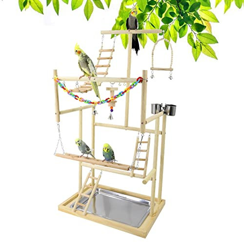 Joyeee Papageien-Spielplatz - Großer Ständer Mit Edelstahl-Futterbechern, Holzschaukel, Leiter, Glocken, Bunte Kunststoffkette für Haustiere, Vogelspiele, 48 x 33 x 94,5 cm, XL
