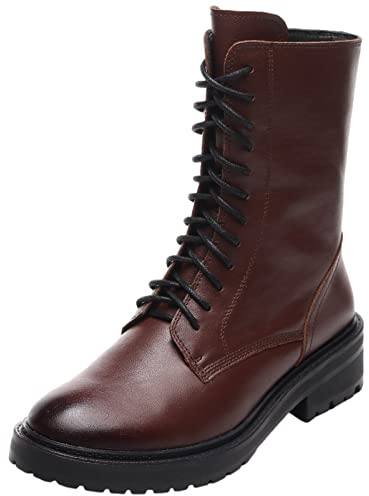 rismart Donna Stivali da Motociclista Pelle Metà Polpaccio Vintage Scarpe da Combattimento SN02932(Marrone,36.5 EU)