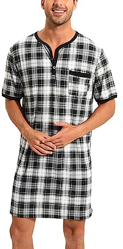 Chemise de Nuit Homme Pyjama Manches Courtes Hauts de Pyjama Homme Tee-Shirt Long Col Rond avec Boutons Vêtements d'Intérieur T-Shirt Grande Taille Douce Confortable