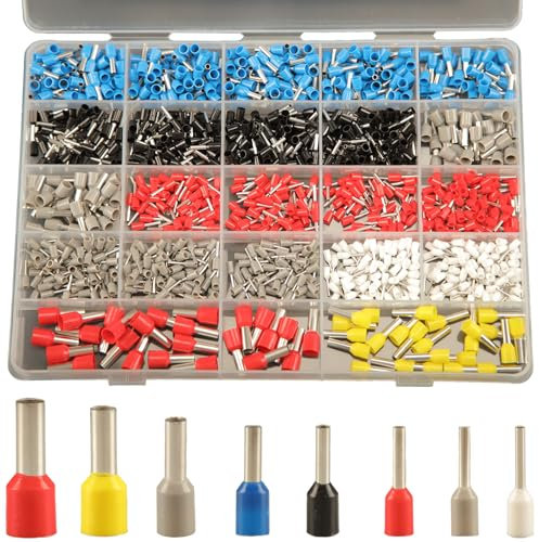 1200pcs Wire Ferrules Terminals Kit, 8 types Ferrule Connectors Kit AWG 22-7, Pin Terminal Connectors Wire ferrule Assortment Kit, Wire Copper Crimp connector Insulated Ferrule Pin Cord End Terminal