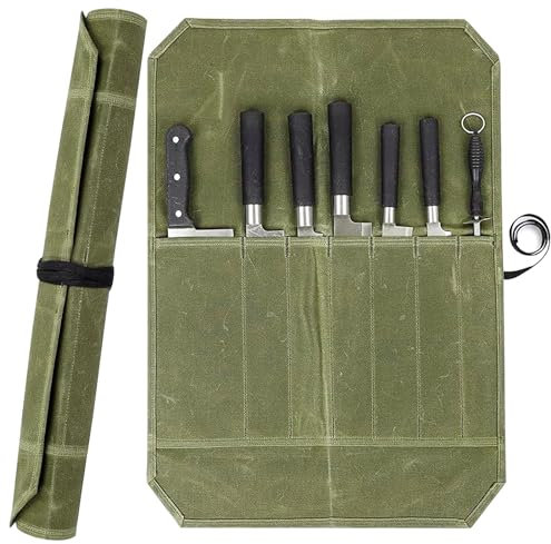 Funmo Kochmesser Roll Tasche,Messertasche mit 7 Fächern,Aufbewahrungstasche für Küchenmesser,Kochmesser-Koffer,Messertasche für Camping,Kochmesser Rolltasche,Köche Messertasche,Messer Rollentasche