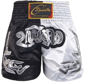 Linjinx Enfant Garçon MMA Shorts pour d'Entraînement Muay Thai Short de Boxe Pantalon Court Shorts Arts Martiaux Short Gymnastique Fitness Musculation 5-16 Ans Noir Blanc 5-6 Ans