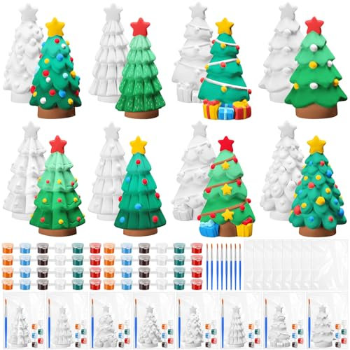 VercanMonth 8 Pcs Christmas Tree DIY Painting Kit Ceramic Ready to Paint Xmas Tree Statues Paint Your Own Christmas Tree Figurines Unpainted Plaster Craft with Brush Palette Paint for Boys Adult Girls