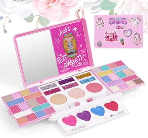 Aomig Ensemble de maquillage princesses 43 couleurs cosmétiques non toxiques mirroir et pinceau, lavable pour enfants cadeau Noël, Halloween