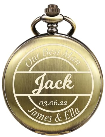 TREEWETO Reloj de bolsillo grabado personalizado con cadena de grabado para hombre, regalo para mejor hombre, relojes de bolsillo de cuarzo, regalos para novios para boda, marrón, Clásico