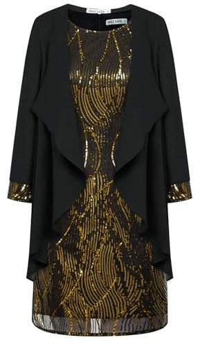 Festival Glänzendes Pailletten Knielang Jumpsuit für Damen Ärmelloser V-Ausschnitt Solide Farbe Sexy Party Bleistiftkleid Gold-Schwarz XXL