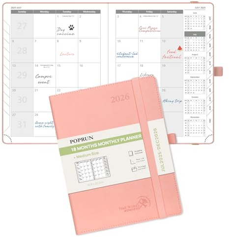 POPRUN A5 Month to View Diary 2025-2026 22x16.5cm (18-Month: Jul'25 - Dec'26) Monthly Planner, PU Leather Softcover, Sunday Start, Monthly Tab (Pink)