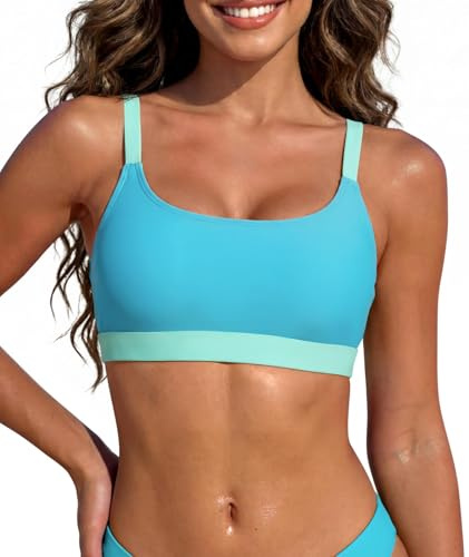 Blue Scoop Neck Sports Bikini Top for Women, Padded Swim Bra, Top Only L