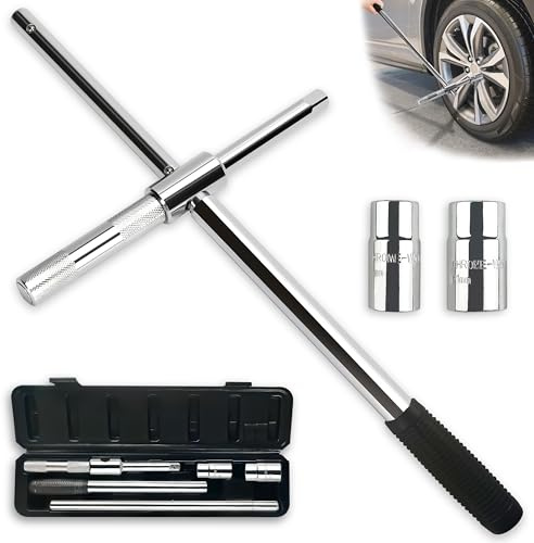 VONLX 25'' Heavy Duty Extended Lug Wrench with Blow Storage Case, 4 Way Tire Iron Nut Wrench Set, Lug Nut Remover 1/2 Drive with Standard Sockets (17mm, 19mm and 21mm,23mm), Labor Saving Cross Wrench