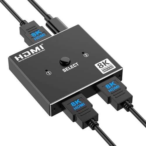 8K HDMI Switch Splitter Sdoppiatore Bidirezionale 2 Ingresso a 1 Uscita o 1 In a 2 Out Alluminio Commutatore HDMI Supporta 8K 4K per TV/Blu-ray/Firestick/Xbox/PS5/4/3