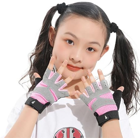 TINAYAUE Kinder-Fahrradhandschuhe, Sommer, atmungsaktiv, UV-Schutz, rutschfest, stoßfest, Halbfinger-Handschuhe für Jungen und Mädchen, Reiten, Radfahren, Rollschuhlaufen, Sporttraining (Rosa, Größe M