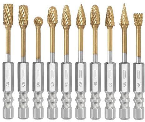 Saipor 10Pcs Titanium Tungsten Carbide Burr Set for Die Grinder Bits, 1/4 Quick-Change Shank, Head Dia 6mm, Metal Wood Stone Steel Grinding Deburring Cutting Porting Carving