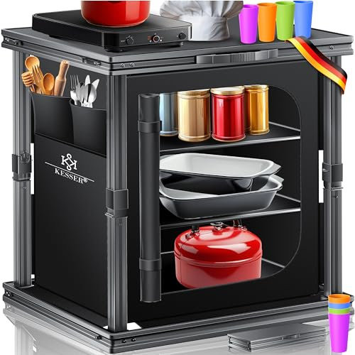 KESSER® Camping Küche faltbar | Outdoor Campingschrank 60x80cm | Küchenschrank mit Aluminiumgestell, 3 Fächer inkl. 4er Becherset, Seitentaschen & Fliegengitter | Campingküche aus UV-resistentem Stoff