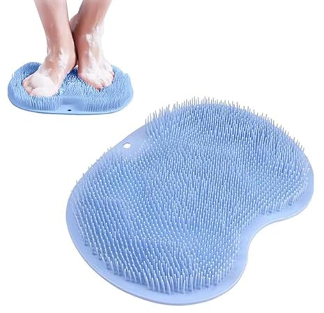 Blue Foot Scrubber for Shower Wall – Silicone Non Slip Foot Cleaning Mat with Suction Cups – Hands-Free Foot Exfoliator Pad for Bathroom – Back & Feet Massager Mat for Shower or Bath