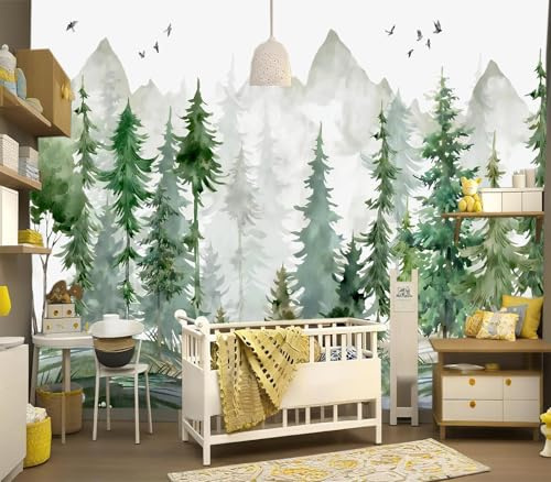 YIHWM-Peel and Stick Nursery Forest Wallpaper Children's Room Boys Bedroom Watercolor Tree Large Self-Adhesive wall mural-80 x58（32 Square Foot）