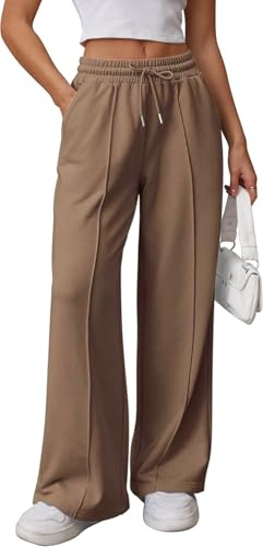 OLIPHEE Pantaloni Tuta Donna Larghi Lunghi con Tasche e Coulisse Pantaloni Donna Jogging Autunno con Elastico in Vita Tinta Unita Casual Yoga Sweatpants Baggy Marrone M