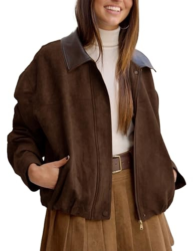 Yegthou Womens Faux Suede Bomber Jacket Casual Lapel Pilot Cropped Jackets Oversized Motorcycle Zip Up Outerwear Coats(Coffee-S)