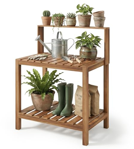 Bamworld Garden Potting Bench Table Outdoor Gardening Horticultural Wooden Storage Cabinet Garden Work Station for Patio Backyard