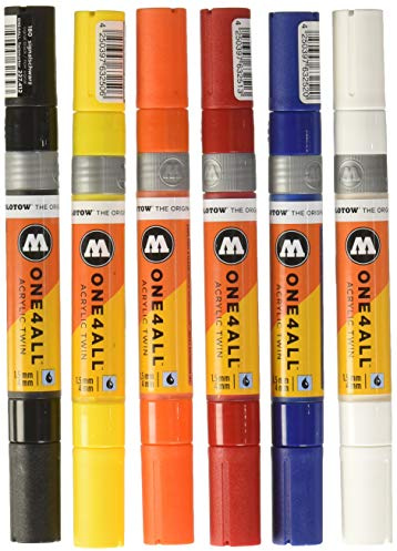 Molotow One4All Acrylic Twin Marker Basic-Set 1 (Strichstärke 1,5 mm und 4,0 mm, hochdeckend und permanent, UV-beständig, für fast alle Untergründe) 6 Stück sortiert