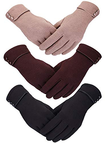 Patelai 3 Pairs Womens Gloves Winter Touchscreen Texting Phone Windproof Gloves Warm Fleece Lined Cold Weather(Black, Brown, Khaki)