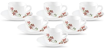 La Opala, Novo Collection Opal Glass Crockery | Cup & Saucer Princess, Set of 12 | Coral Charm, 150 ml | for Tea & Coffee | Microwave Safe | 100% Vegetarian | Extra Strong | Super Light | Super White