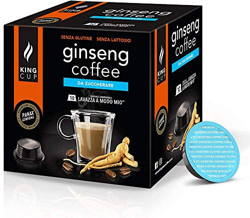 King Cup - 1 Confezione da 10 Capsule di Ginseng da Zuccherare, 10 Capsule 100% Compatibili con Sistema Lavazza a Modo Mio di Bevanda al Gusto di Ginseng, Senza Glutine e Senza Lattosio